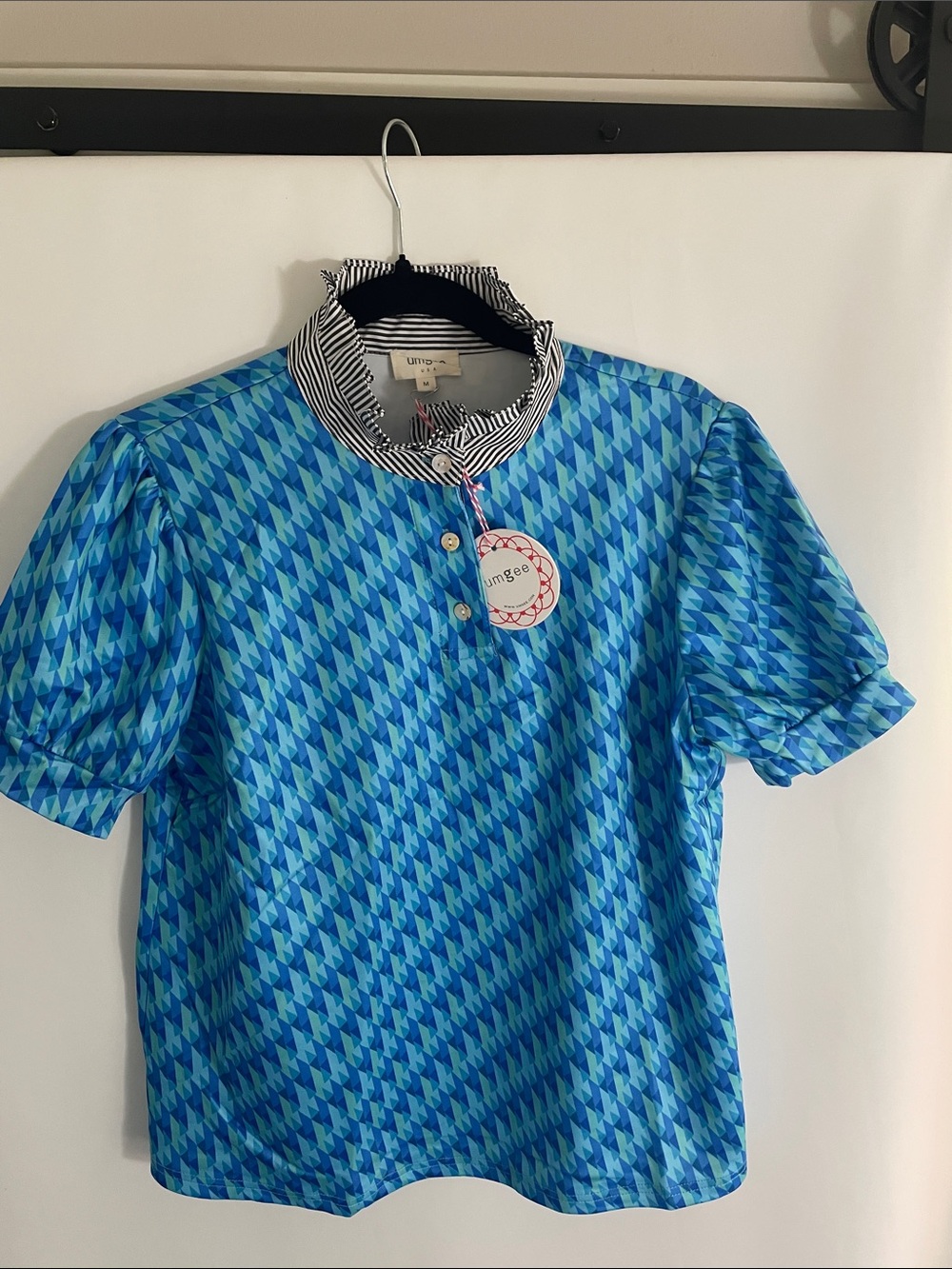 Umgee Blue Geometric Short Puff-Sleeve Blouse with Striped Ruffle Collar